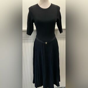 Veronica Beard Elthea Belted Midi Dress Black Ribbed Knit A-Line Large